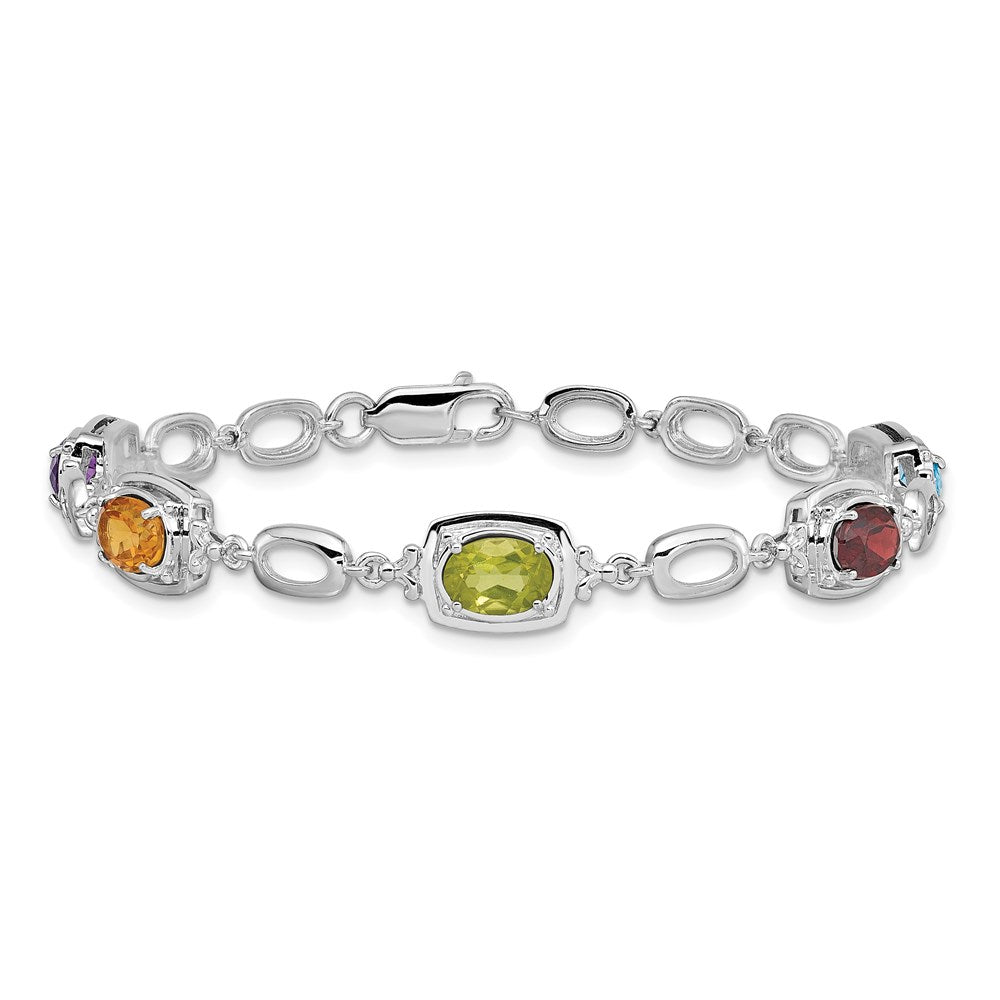 Sterling Silver Rhodium-Plated Multi Gemstone Link Bracelet