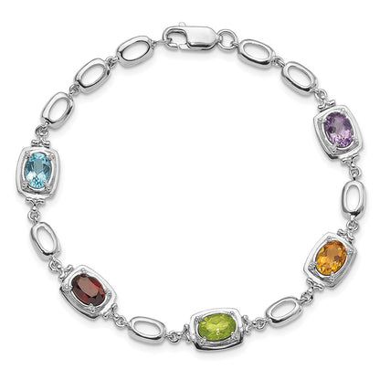 Sterling Silver Rhodium-Plated Multi Gemstone Link Bracelet