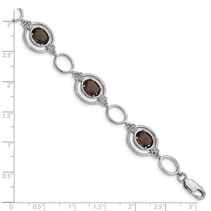 Sterling Silver Rhodium-Plated Smoky Quartz Open Link Bracelet