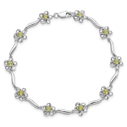 7.5 Inch Sterling Silver Rhodium-Plated Floral Peridot Bracelet