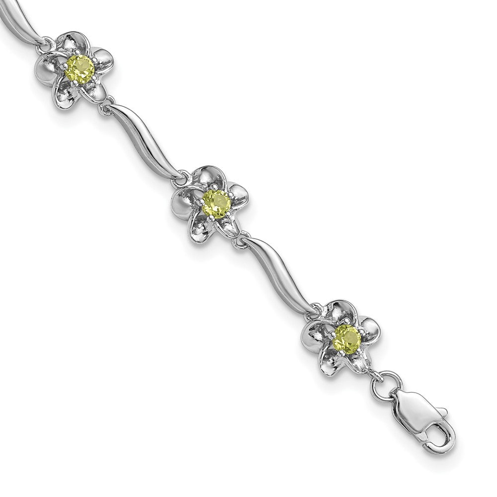 7.5 Inch Sterling Silver Rhodium-Plated Floral Peridot Bracelet