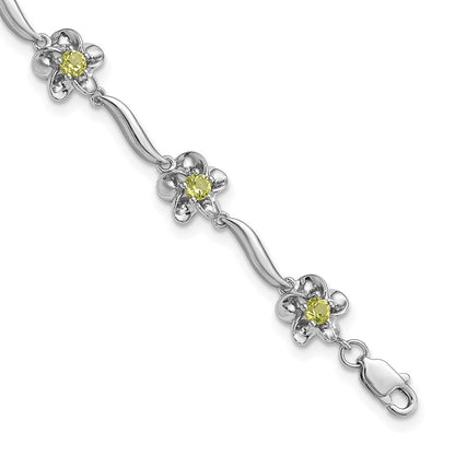 7.5 Inch Sterling Silver Rhodium-Plated Floral Peridot Bracelet