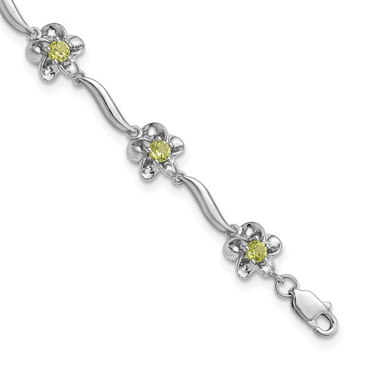 7.5 Inch Sterling Silver Rhodium-Plated Floral Peridot Bracelet