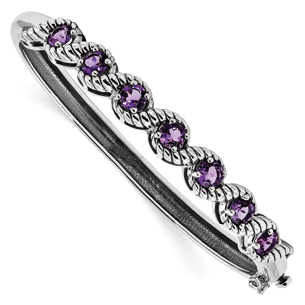 Sterling Silver Rhodium-Plated Amethyst Hinged Bangle