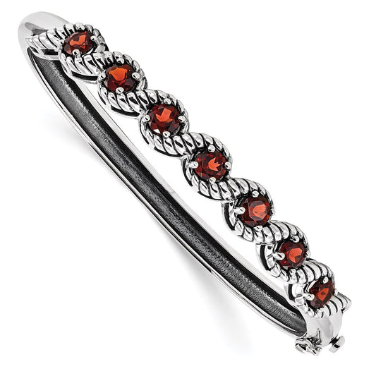 Sterling Silver Rhodium-Plated Garnet Hinged Bangle