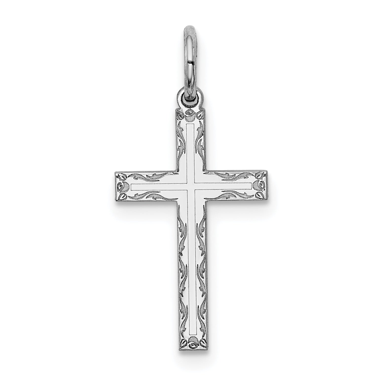 Sterling Silver Rhodium-Plated Laser Designed Cross Charm