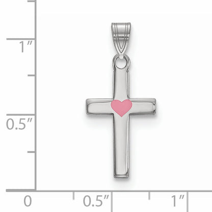 Sterling Silver Rhodium-Plated Pink Enameled Heart Cross Charm