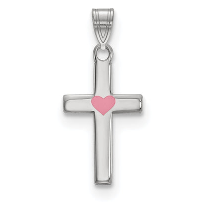 Sterling Silver Rhodium-Plated Pink Enameled Heart Cross Charm