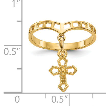 14K Yellow Gold Polished Cross Dangle Charm Ring