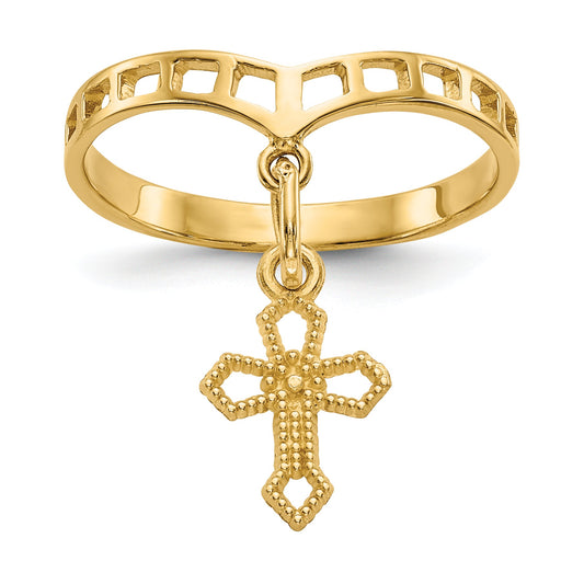 14K Yellow Gold Polished Cross Dangle Charm Ring