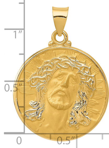 14K Yellow Gold Head Of Christ Medal Hollow Round Pendant