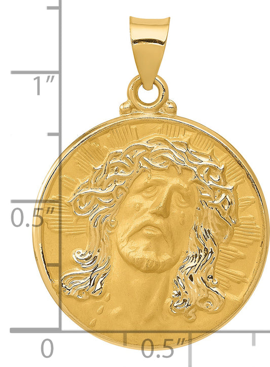 14K Yellow Gold Head Of Christ Medal Hollow Round Pendant