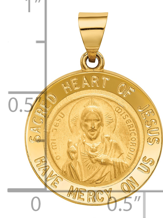 14K Yellow Gold Sacred Heart Of Jesus Medal Hollow Round Pendant