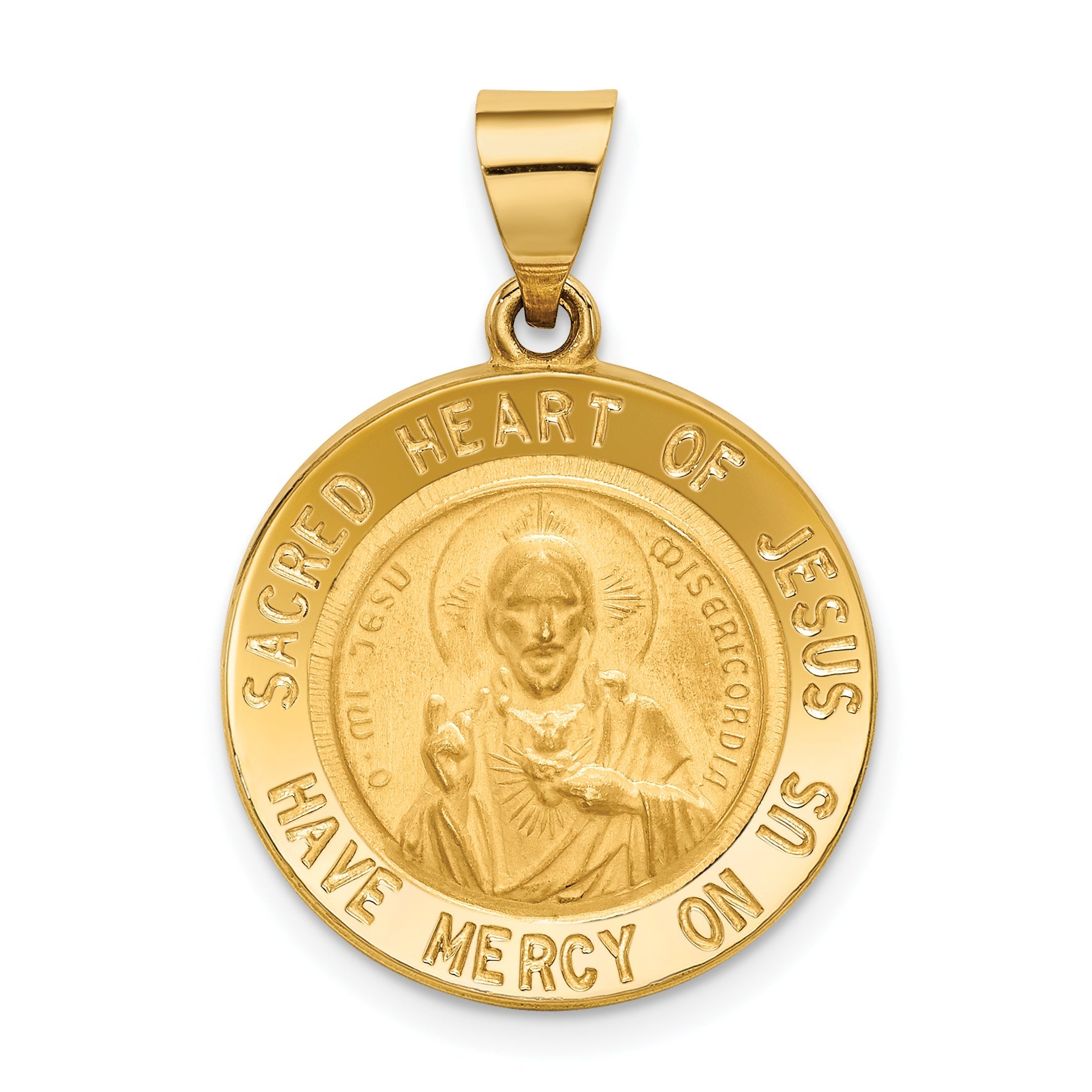 14K Yellow Gold Sacred Heart Of Jesus Medal Hollow Round Pendant