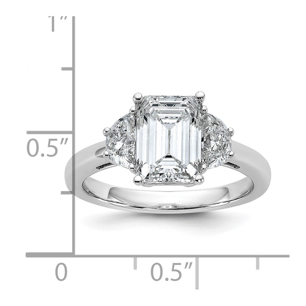 14K White Gold 1/2 carat Lab Grown Diamond VS+ F+ Semi Mount Emerald and Half Moon Three Stone Engagement Ring