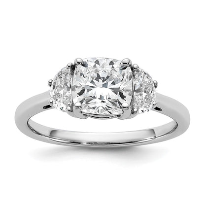 14K White Gold 1/2 carat Lab Grown Diamond VS/SI+ G+ Half Moon and 1 1/2 carat Cushion Center Semi Mount Three Stone Engagement Ring