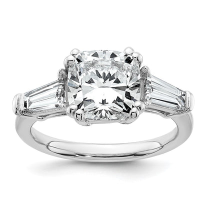 14K White Gold 3 3/4 carat Lab Grown Diamond VS+ F+ Cushion and Tapered Baguette Complete Three Stone Engagement Ring