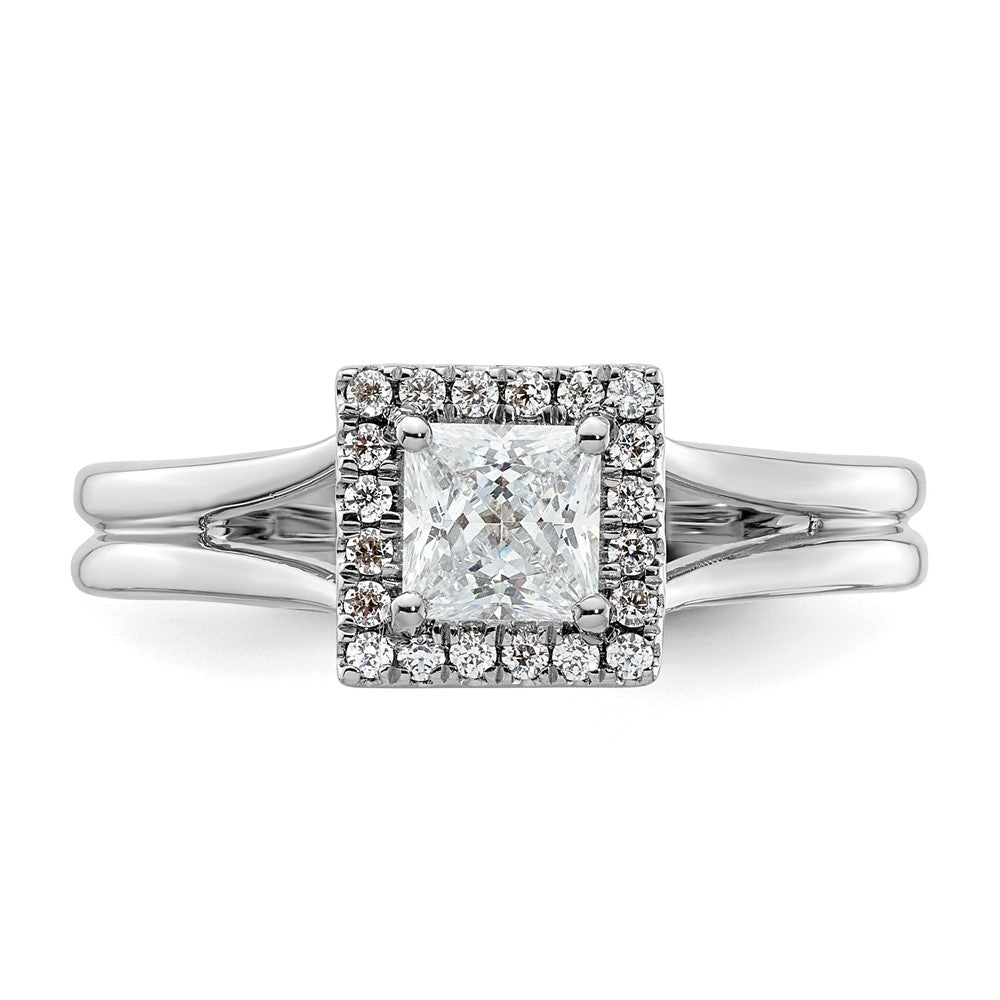 14kw Princess Halo Simulated Diamond Split Shank Engagement Ring