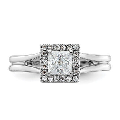 14kw Princess Halo Simulated Diamond Split Shank Engagement Ring