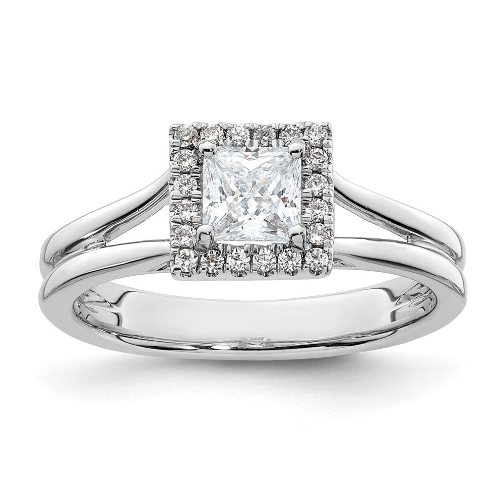 14kw Princess Halo Simulated Diamond Split Shank Engagement Ring