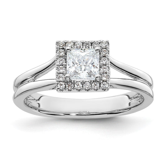 14kw Princess Halo Simulated Diamond Split Shank Engagement Ring