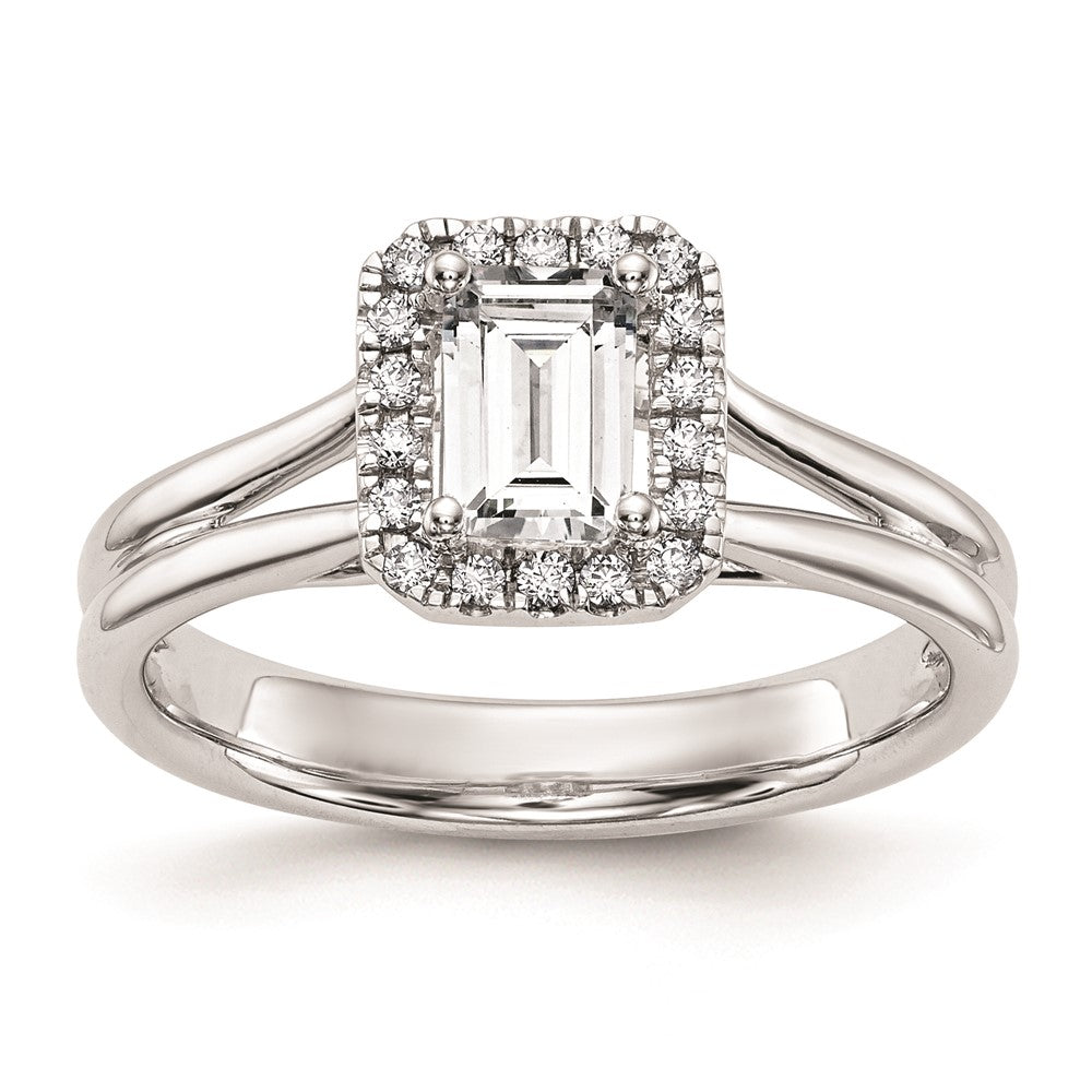 14K White Gold Halo (Holds 1/4 Carat (4.5X3mm) Emerald Cut Center) 1/20 Diamond Semi Mount Split Shank Engagement Ring