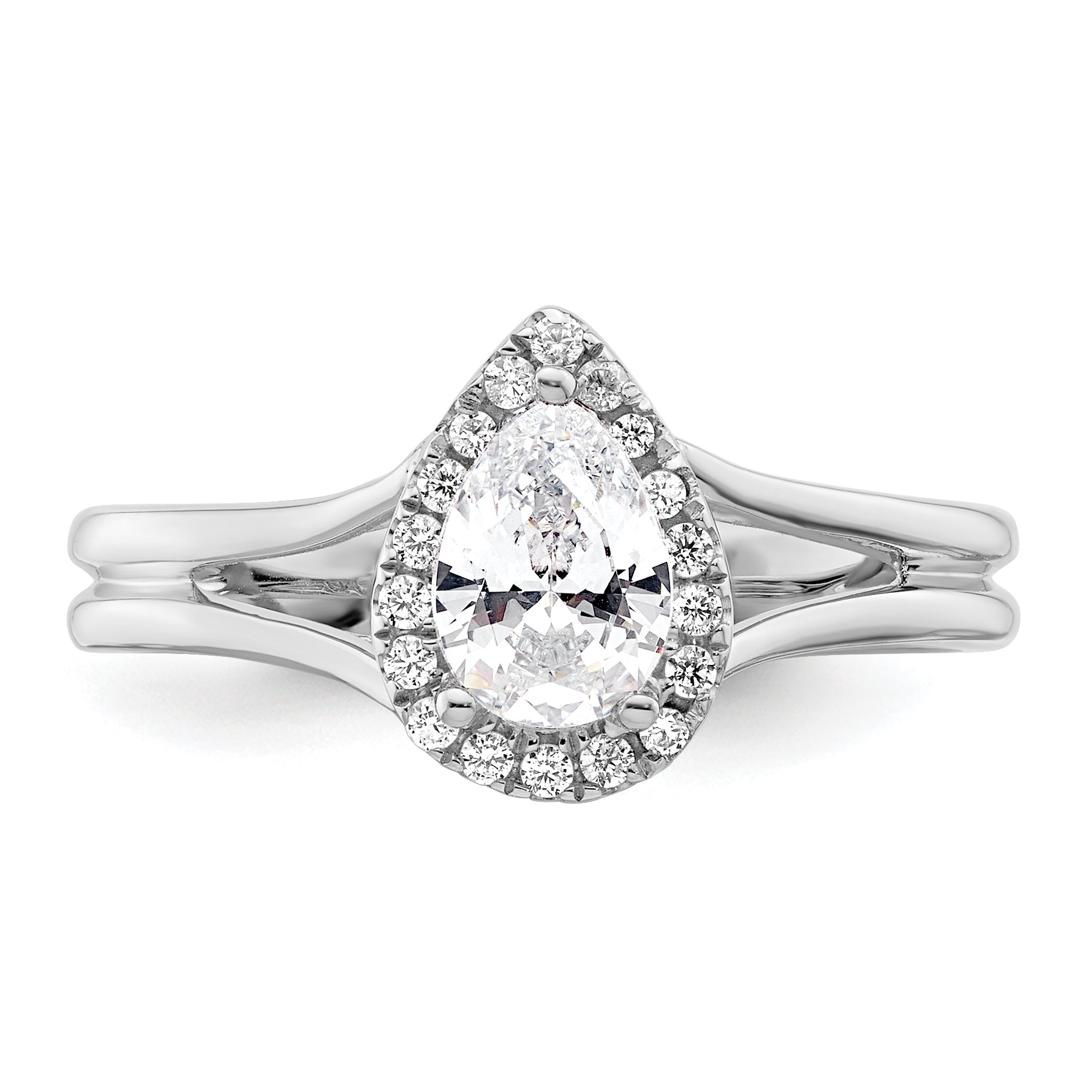 14kw Pear Halo Simulated Diamond Split Shank Engagement Ring