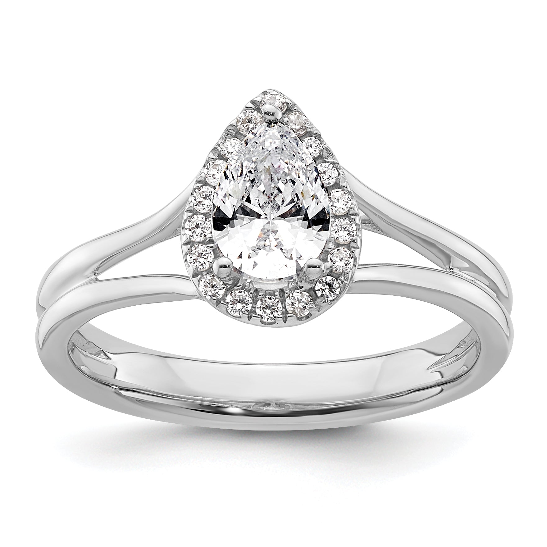 14kw Pear Halo Simulated Diamond Split Shank Engagement Ring