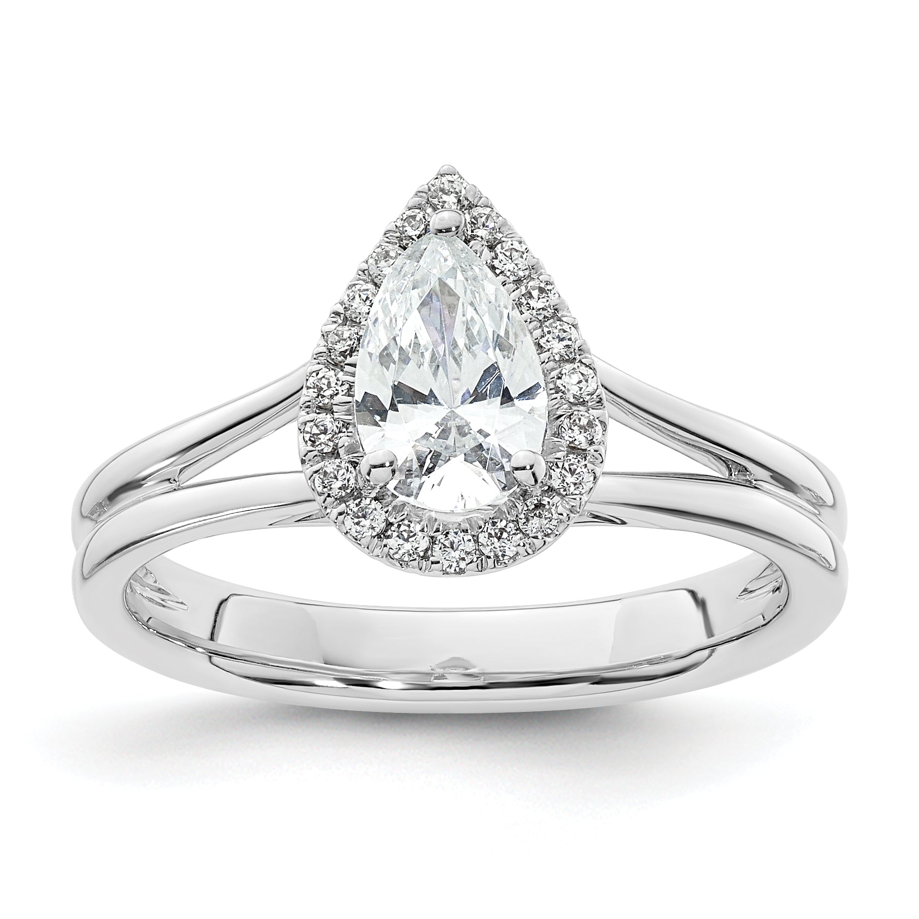 14kw Pear Halo Simulated Diamond Split Shank Engagement Ring