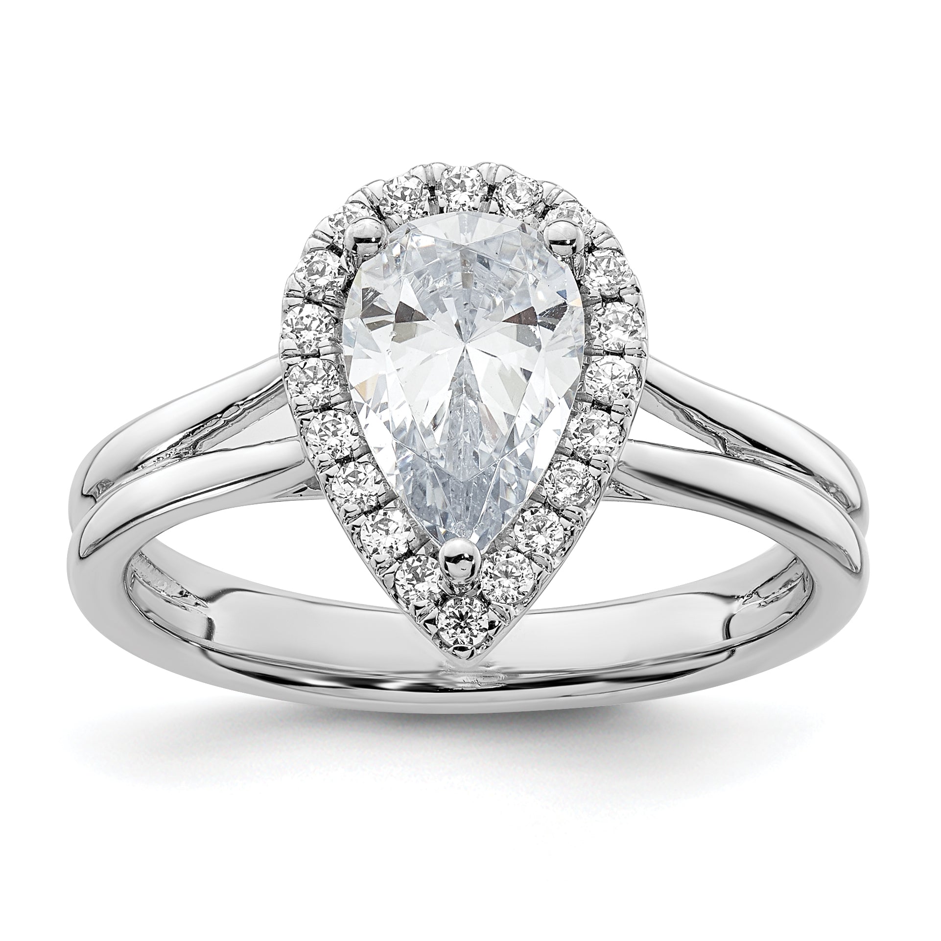 14kw Pear Halo Simulated Diamond Split Shank Engagement Ring