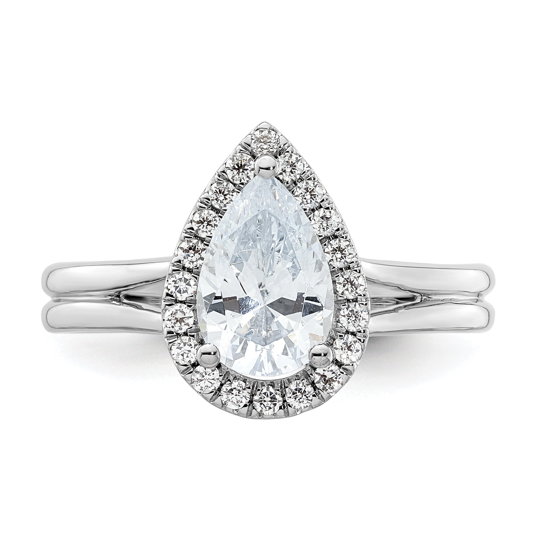 14kw Pear Halo Simulated Diamond Split Shank Engagement Ring