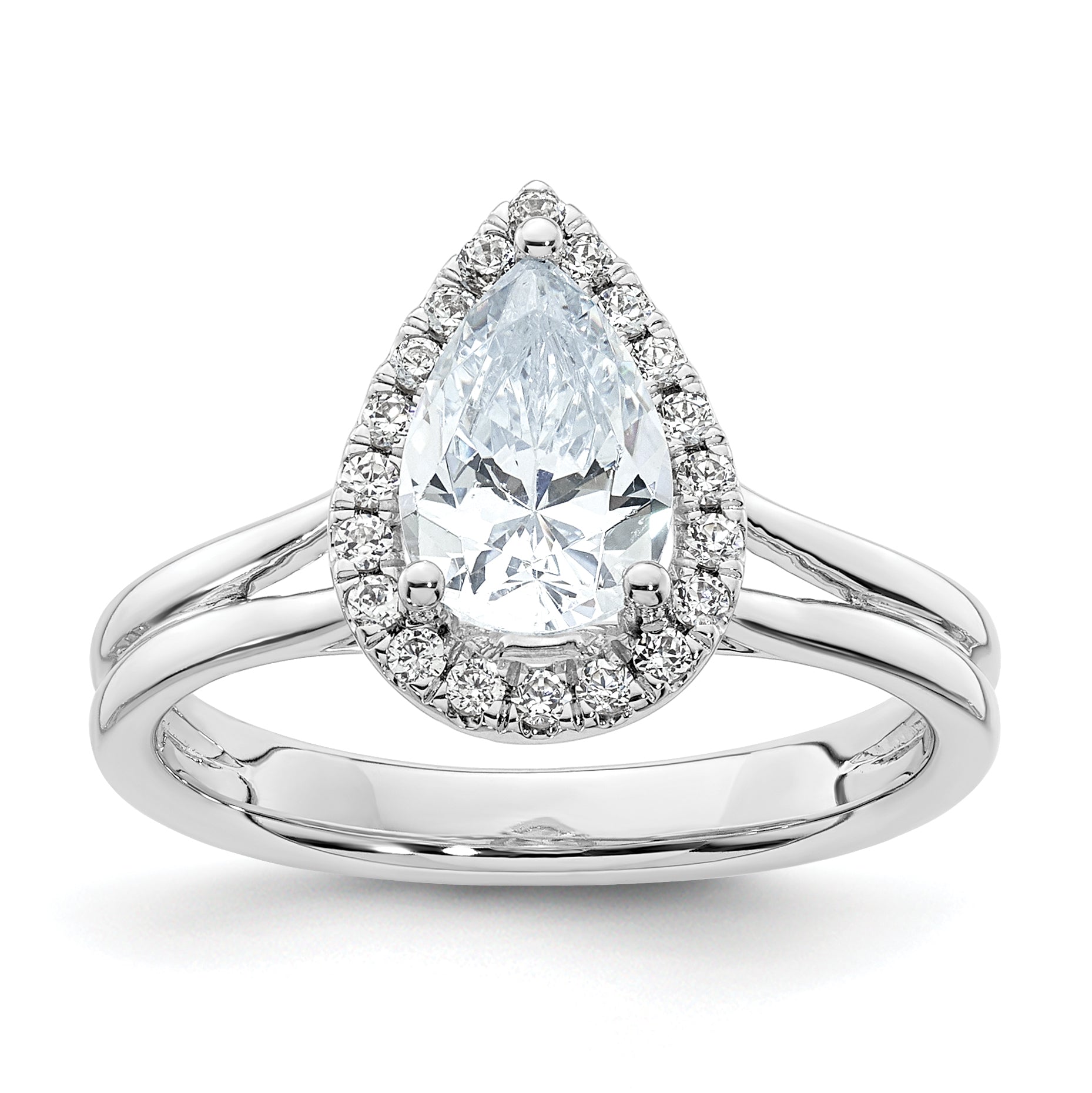 14kw Pear Halo Simulated Diamond Split Shank Engagement Ring