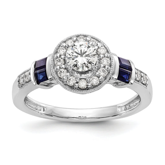 14k White Gold 1/2 Ct. Lab Grown Diamond VS/SI+ G+ and Created Sapphire Round Halo Engagement Ring