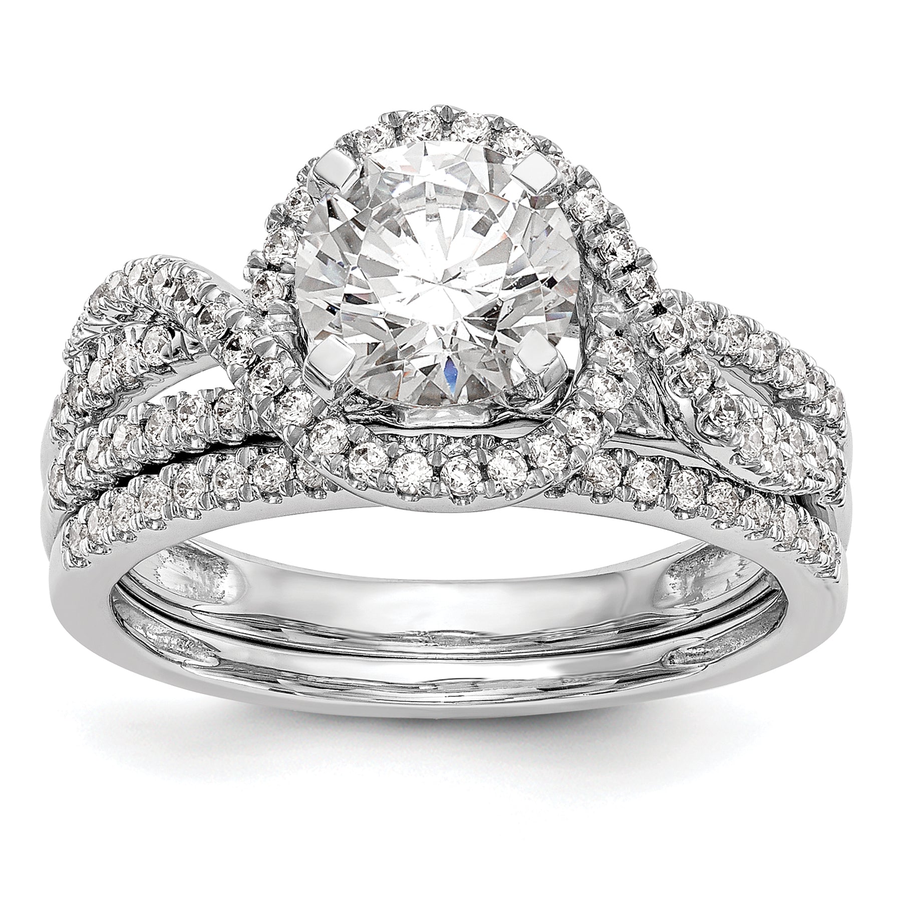 14K White Gold Peg Set Simulated Diamond Halo Engagement Ring
