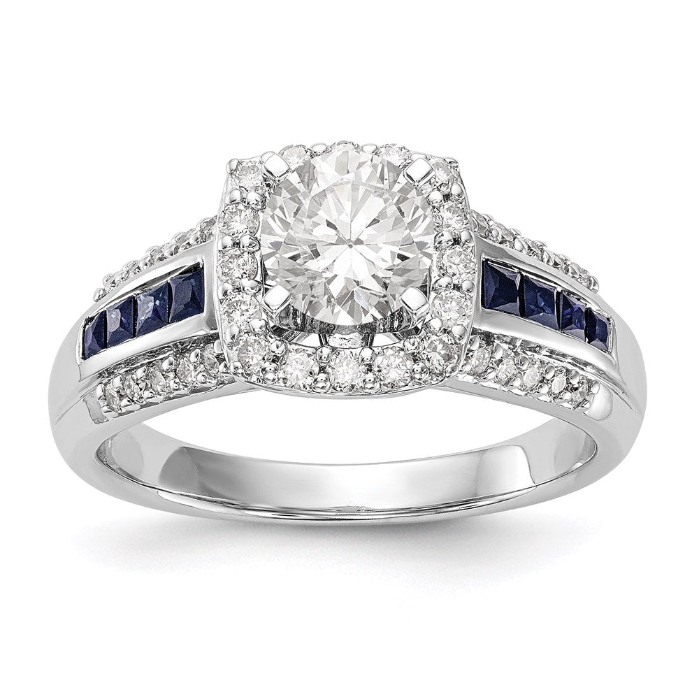 14K Yellow Gold Peg Set Diamond & Sapphire Semi Mount Cushion Halo Engagement Ring