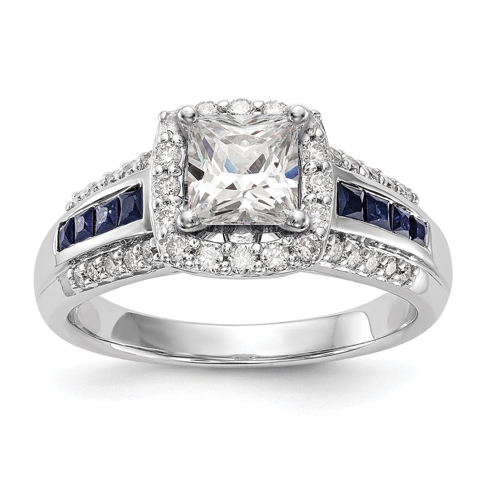 14kw Peg Set Diamond and Sapphire CZ Cushion Halo Engagement Ring