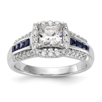 14kw Peg Set Diamond and Sapphire CZ Cushion Halo Engagement Ring