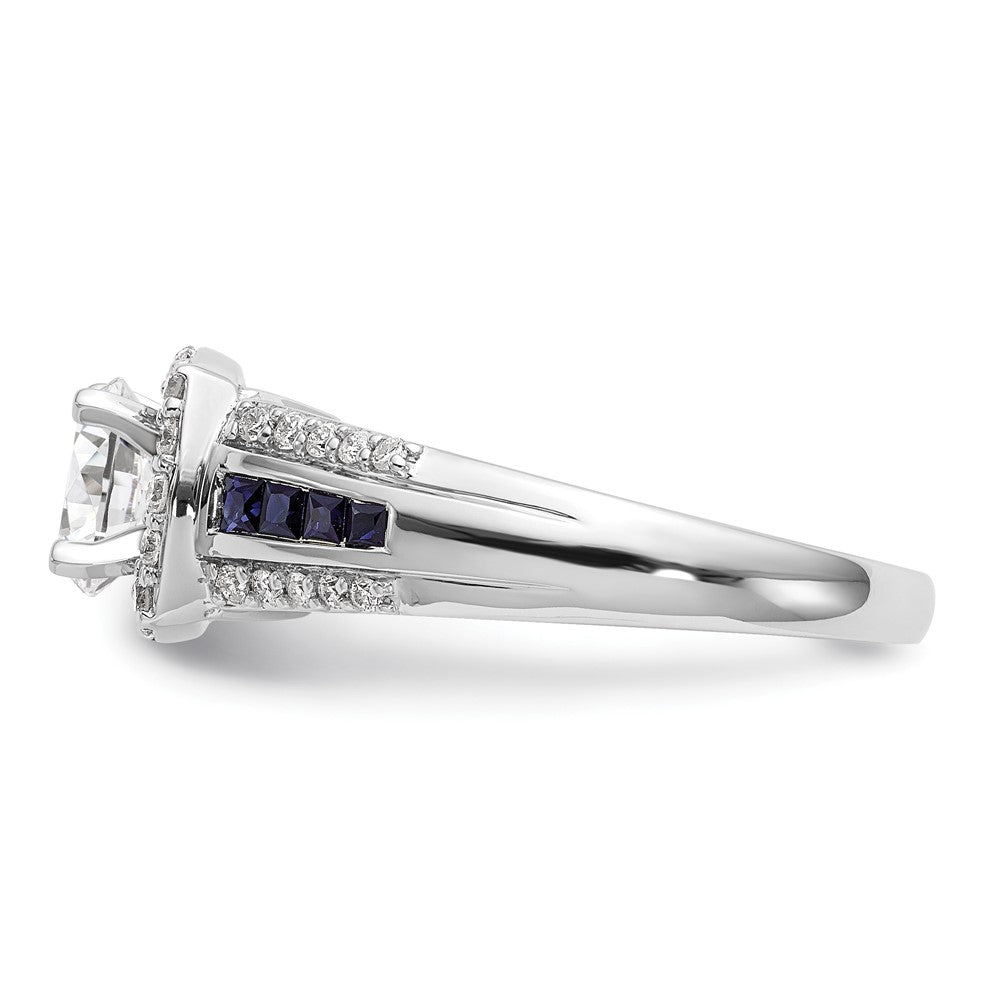 14kw Peg Set Diamond and Sapphire CZ Cushion Halo Engagement Ring