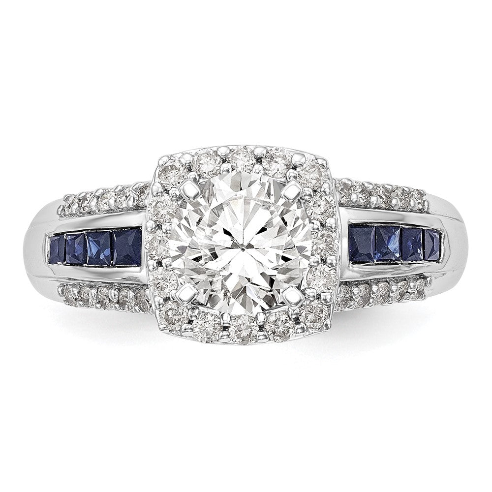 14kw Peg Set Diamond and Sapphire CZ Cushion Halo Engagement Ring