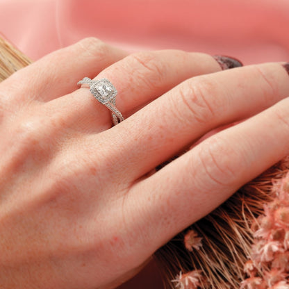 0.25ct. CZ Solid Real 14K White Gold Princess Cushion Halo Engagement Ring