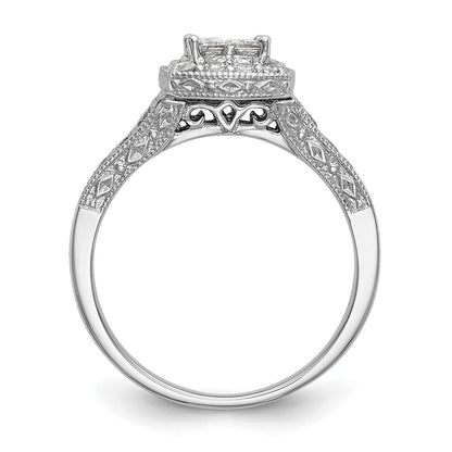 14K White Gold Square Halo Cluster 3/4 Carat Princess/Round Diamond Complete Engagement Ring