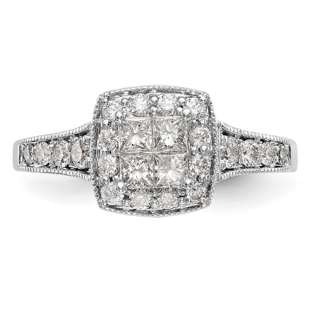 14K White Gold Square Halo Cluster 3/4 Carat Princess/Round Diamond Complete Engagement Ring