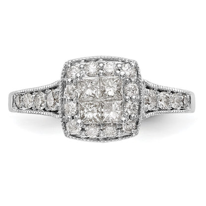 14K White Gold Square Halo Cluster 3/4 Carat Princess/Round Diamond Complete Engagement Ring