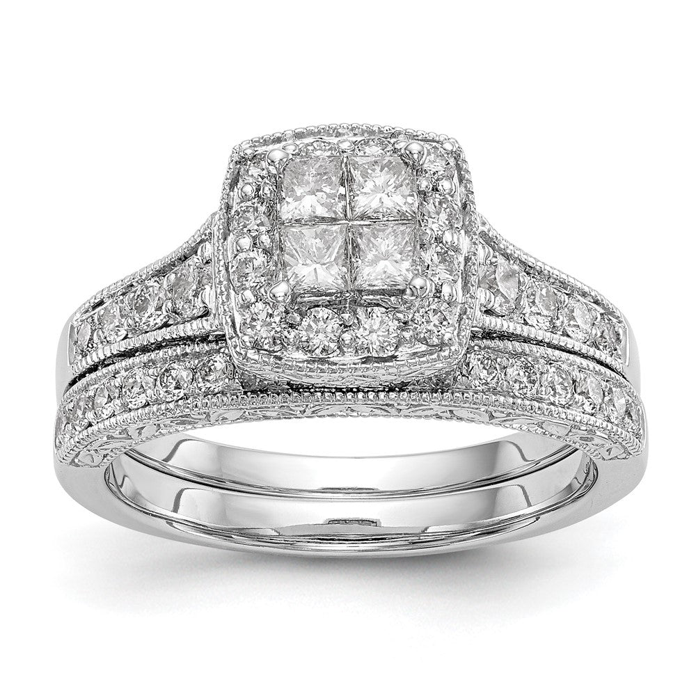 14K White Gold Square Halo Cluster 3/4 Carat Princess/Round Diamond Complete Engagement Ring