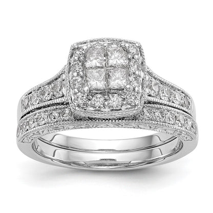 14K White Gold Square Halo Cluster 3/4 Carat Princess/Round Diamond Complete Engagement Ring