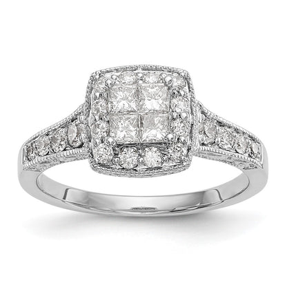 14K White Gold Square Halo Cluster 3/4 Carat Princess/Round Diamond Complete Engagement Ring