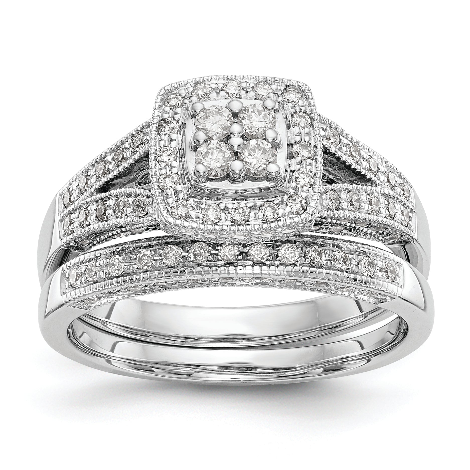 14K White Gold Square Halo Cluster 1/2 Carat Diamond Complete Engagement Ring