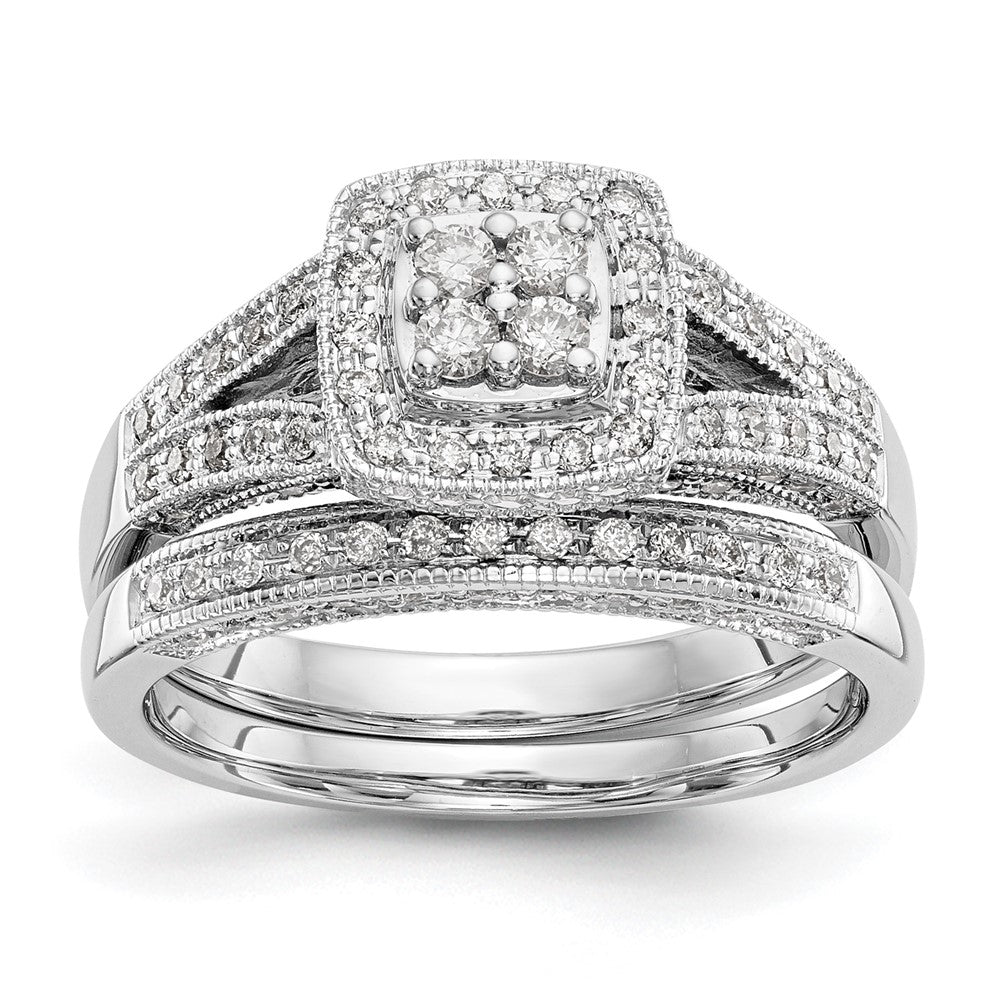 14K White Gold Square Halo Cluster 1/2 Carat Diamond Complete Engagement Ring