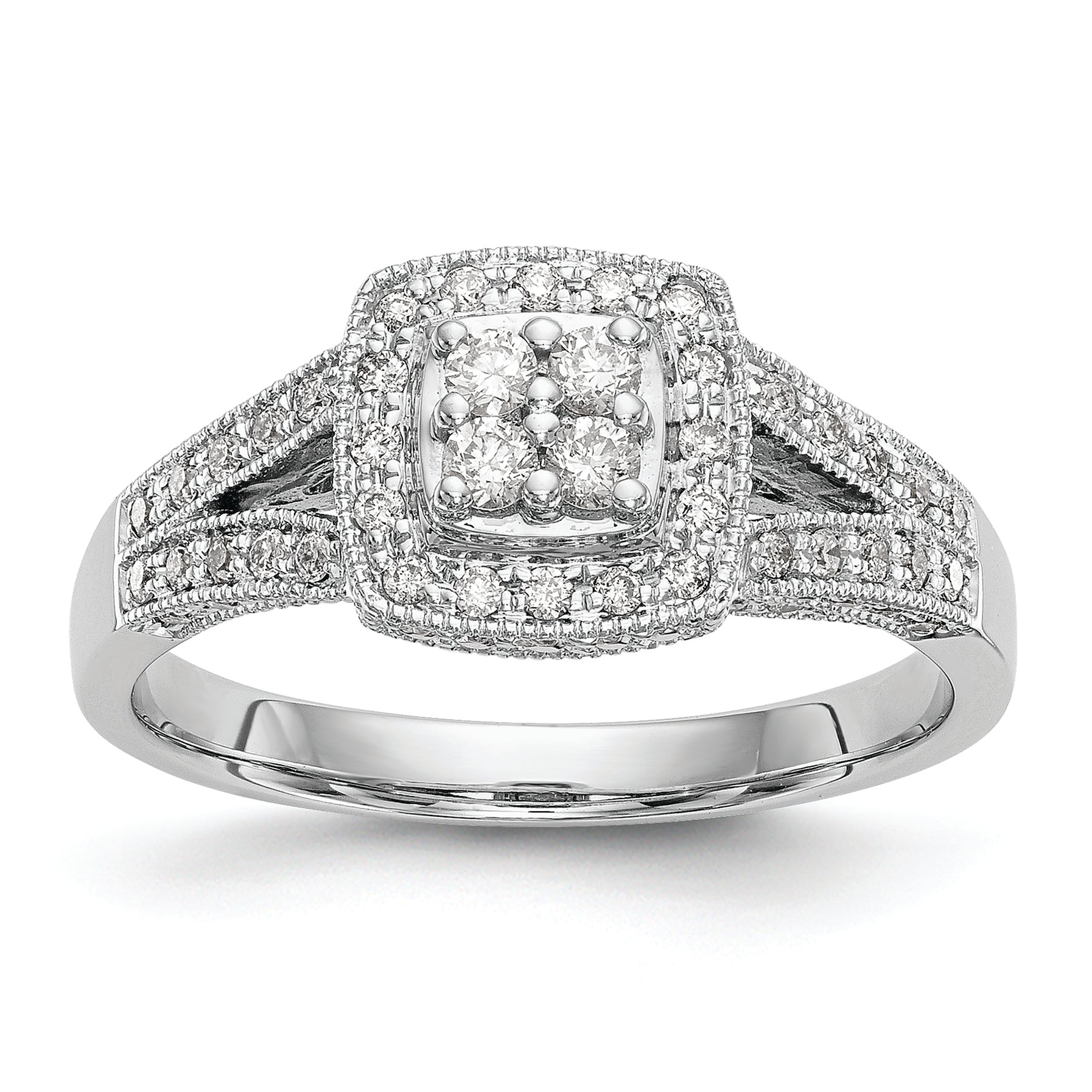 14K White Gold Square Halo Cluster 1/2 Carat Diamond Complete Engagement Ring