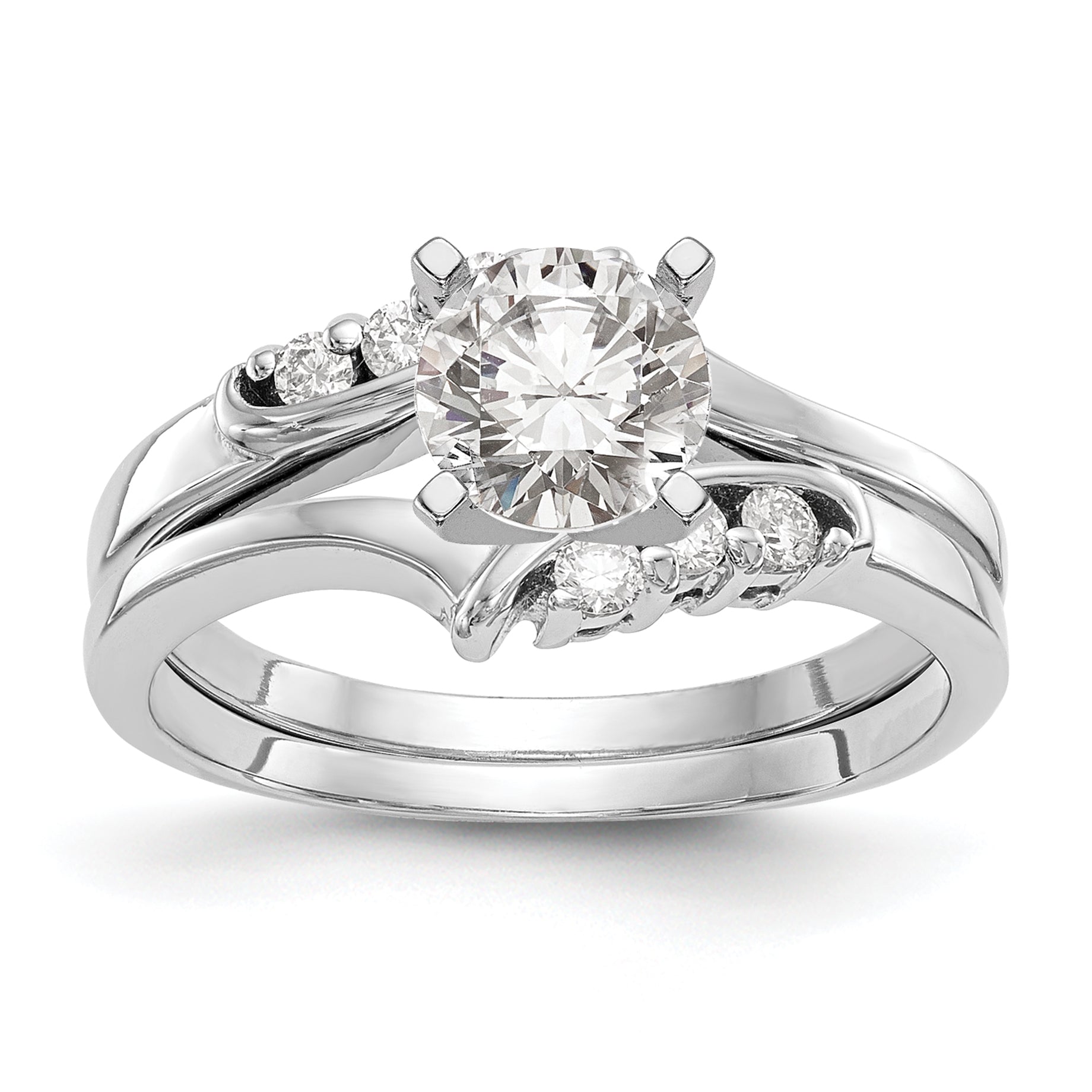 14k White Gold Peg Set Simulated Diamond By Pass Engagement Ring